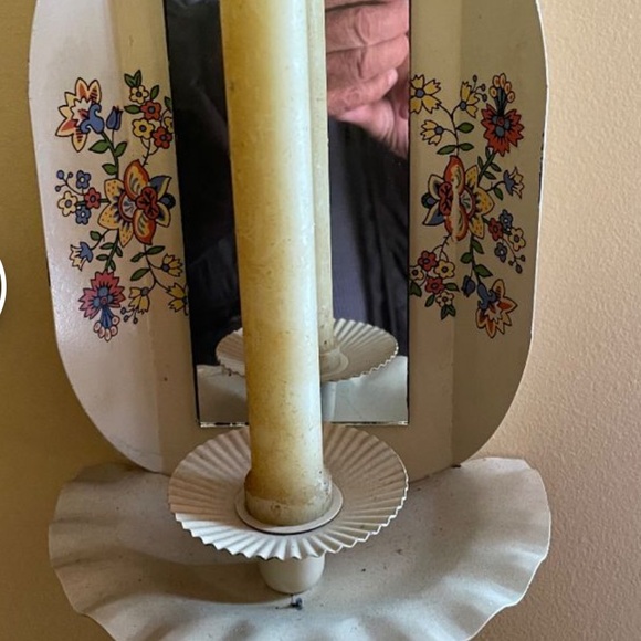 Vintage Candle Holder Lenox Cream Red Oval Mirror Floral Accents Cottagecore - Picture 7 of 7